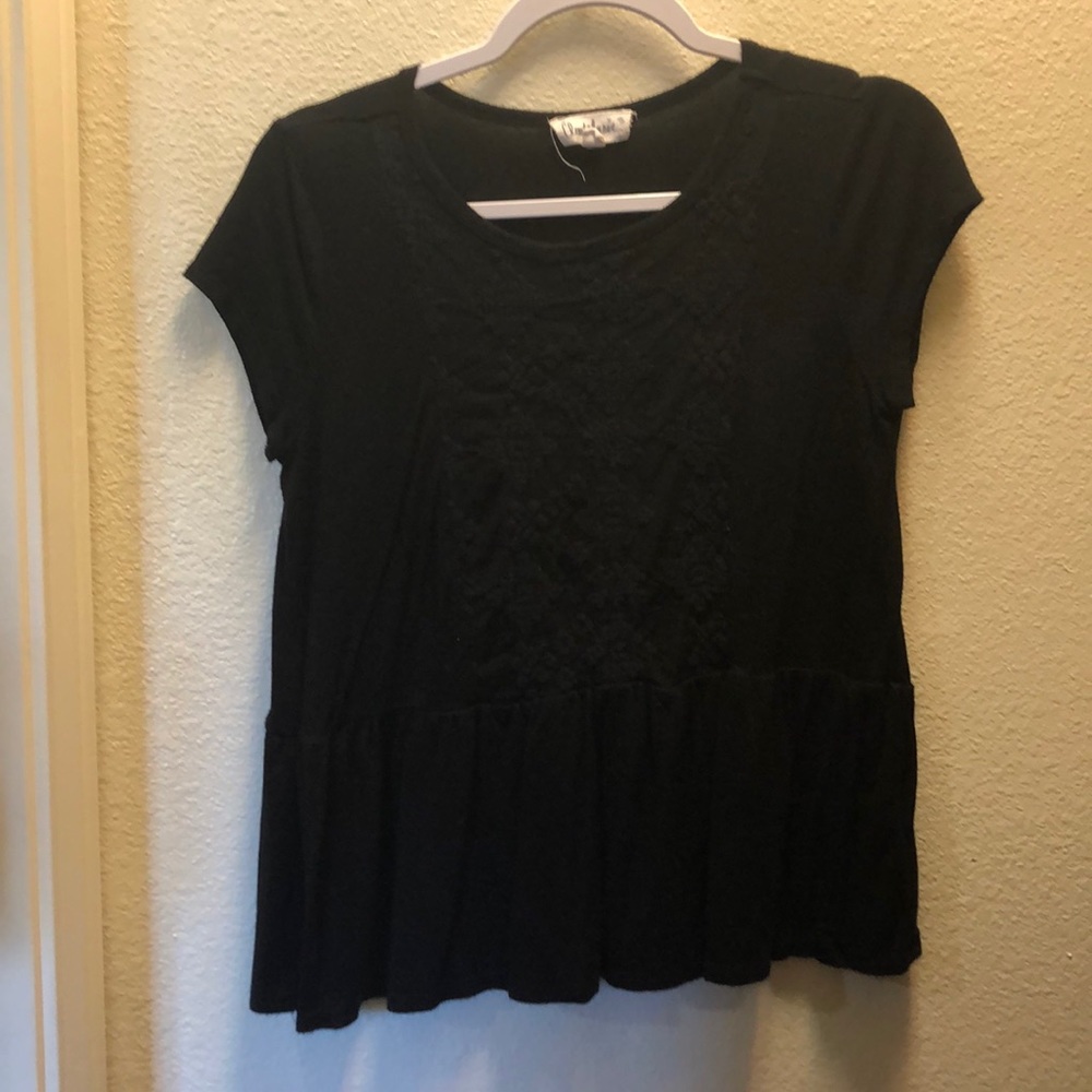 Black Shirt with lace panel and ruffle.